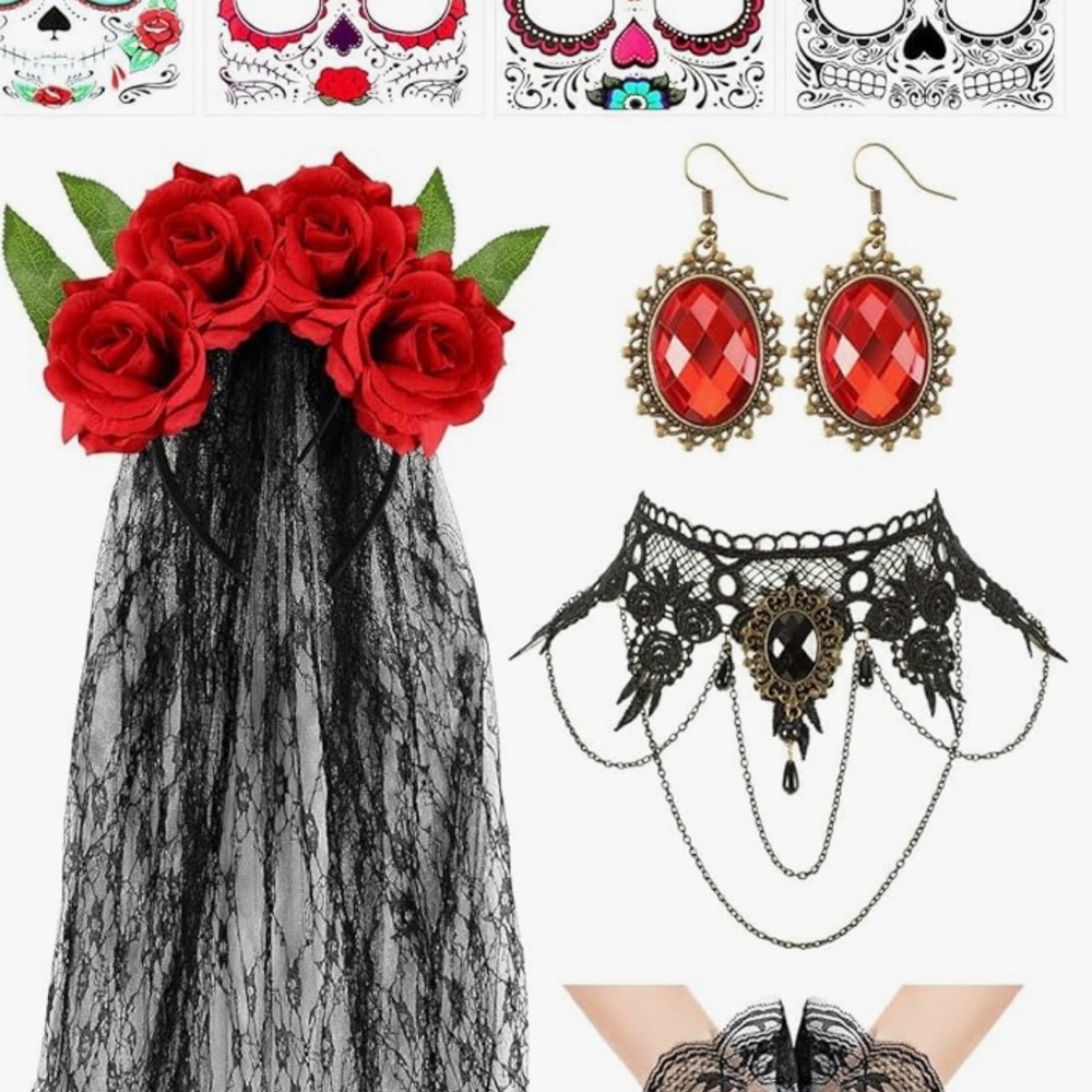 HalloweenRed Rose Headband with Black Lace Veil 5 Piece Set